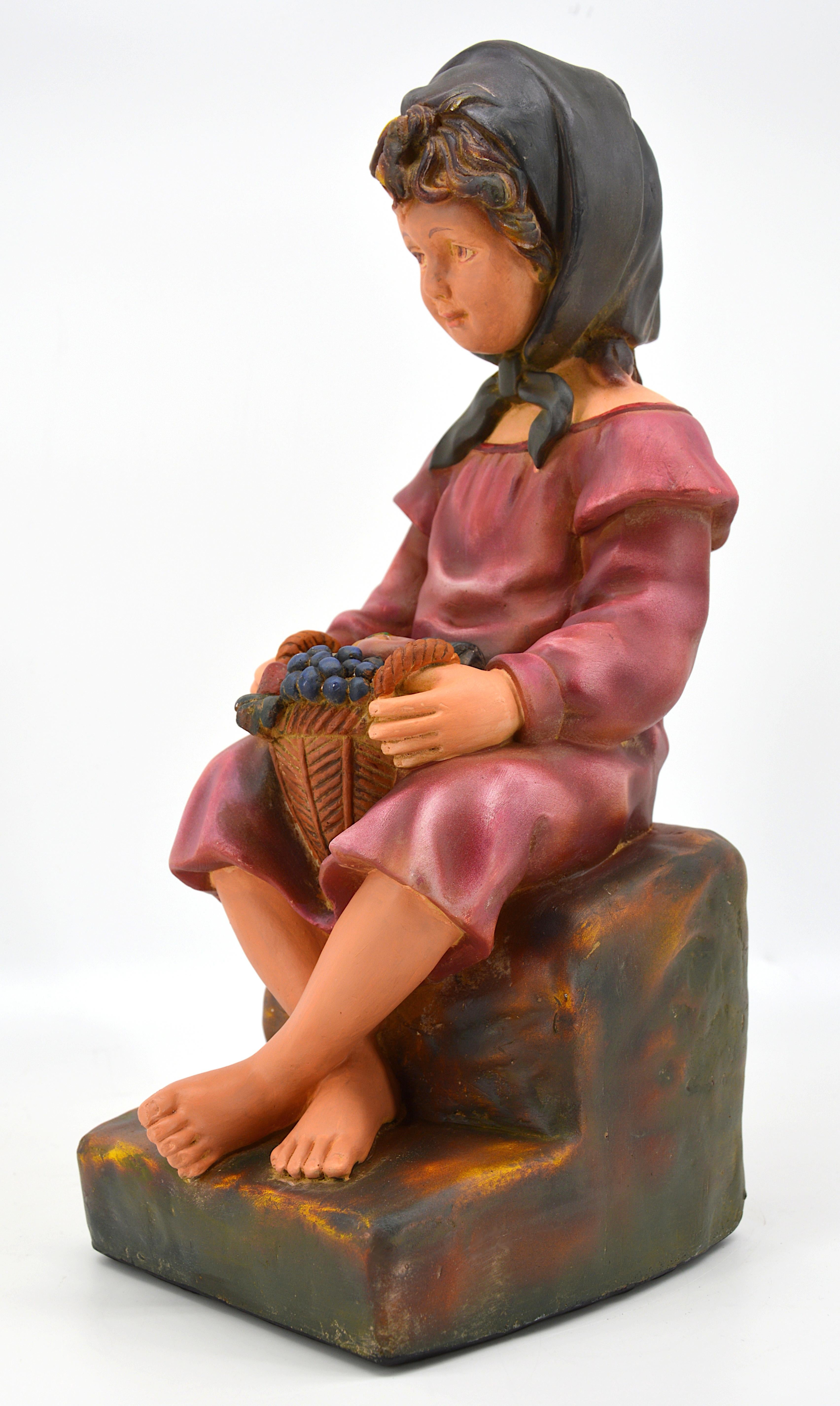 Plaster French Art Deco Child with a Fruit Basket Sculpture, 1930s For Sale