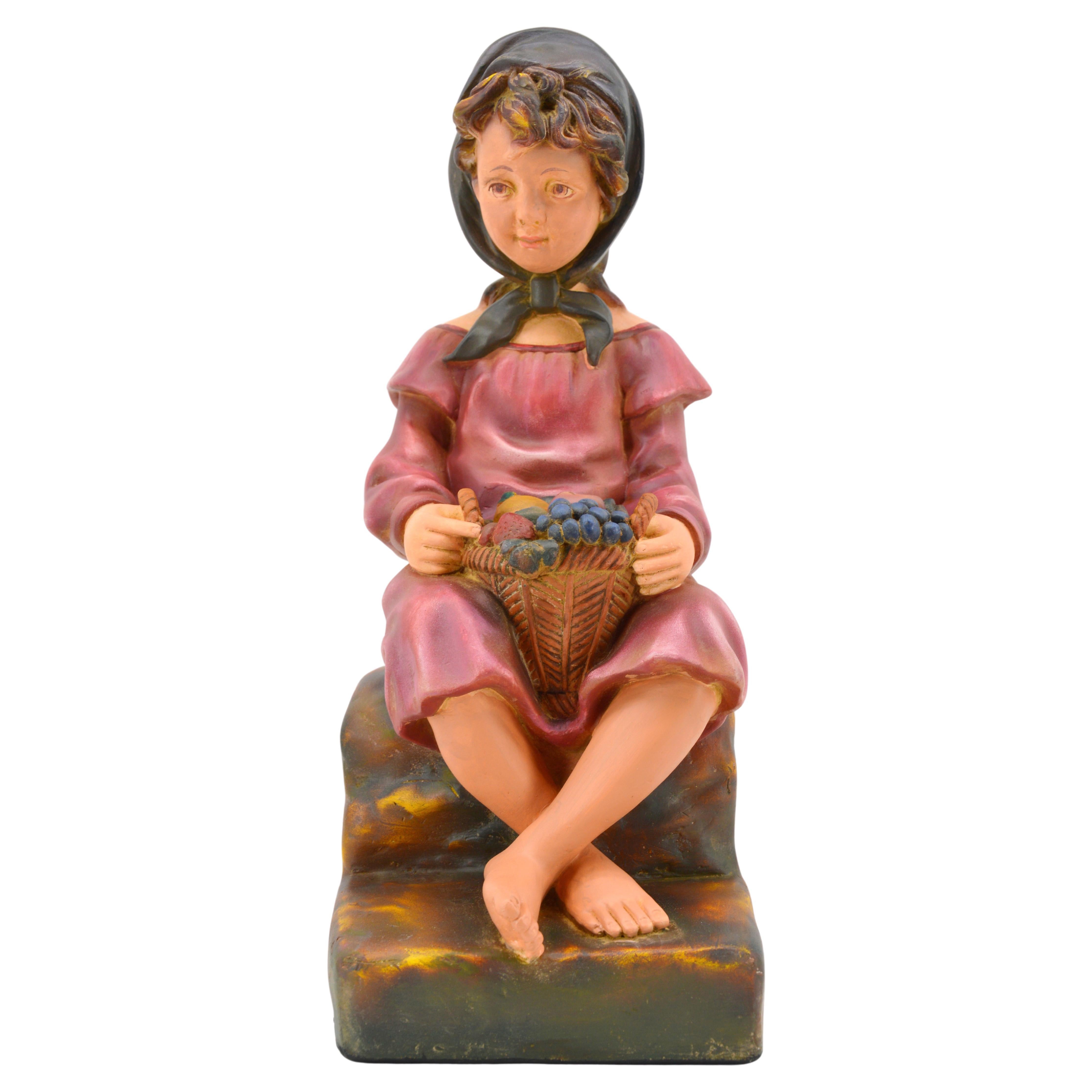 French Art Deco Child with a Fruit Basket Sculpture, 1930s For Sale