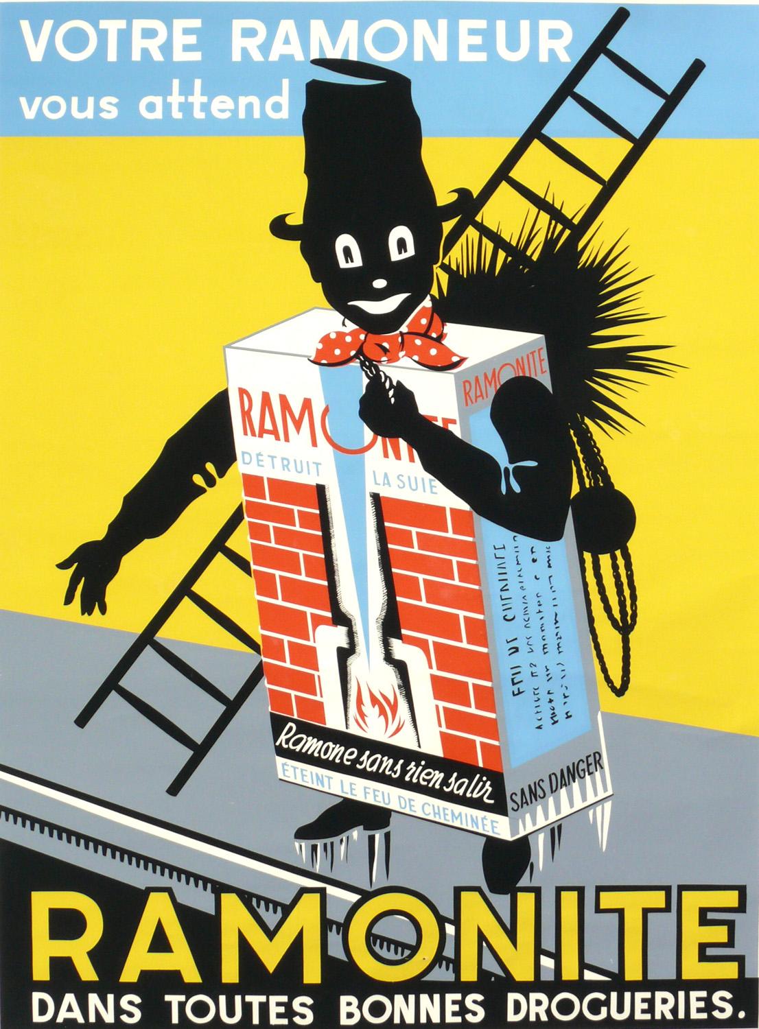 French Art Deco chimney sweep lithograph poster, France or Brussels, circa 1930s. It measures an impressive 63