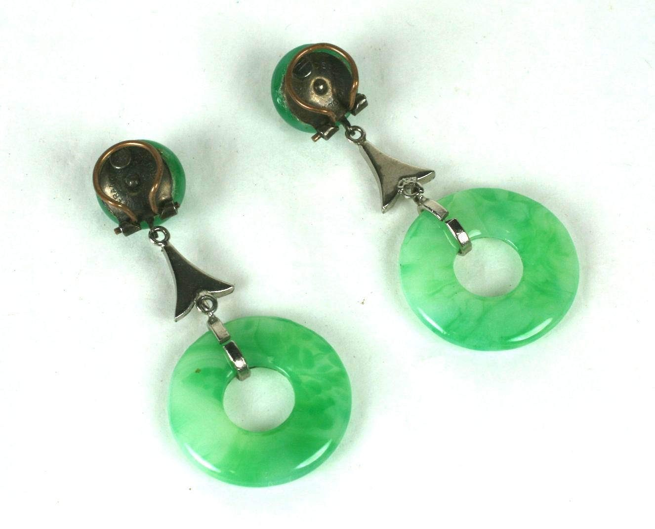 Round Cut French Art Deco Chinoiserie Faux Jade Drop Earclips For Sale