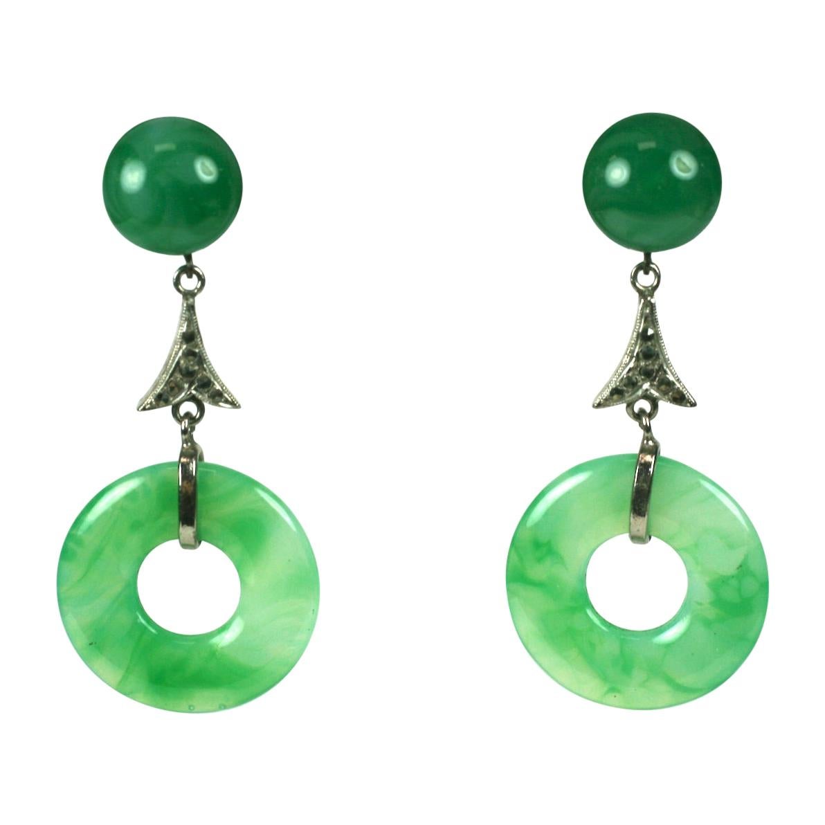 French Art Deco Chinoiserie Faux Jade Drop Earclips For Sale