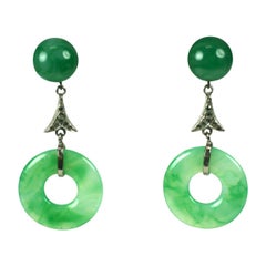 Vintage French Art Deco Chinoiserie Faux Jade Drop Earclips