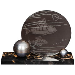 French Art Deco Chrome and Etched Glass "Fish" Lumiere Table Light