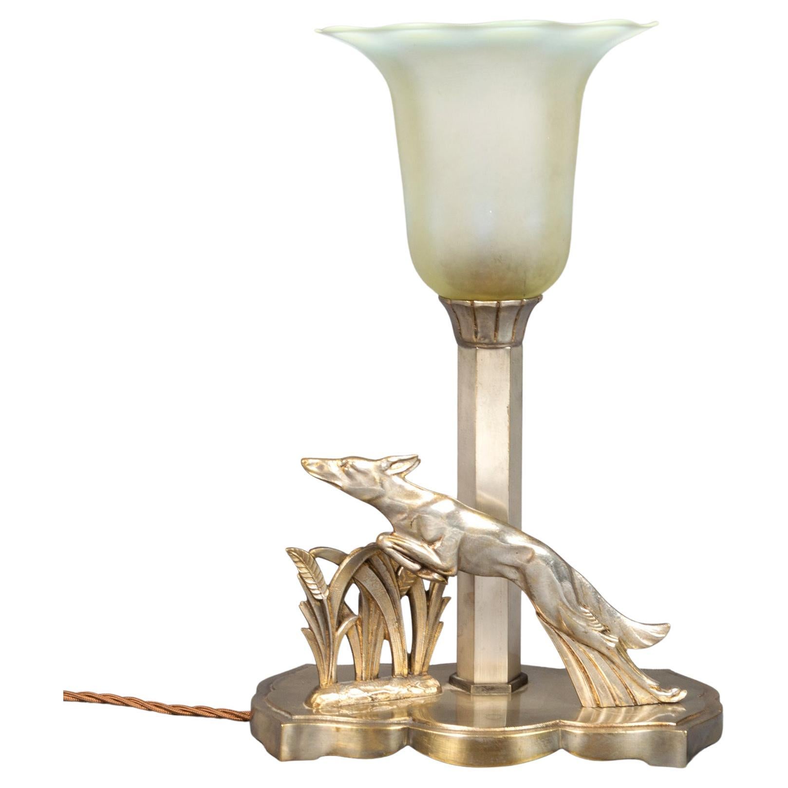 French Art Deco Chrome and Glass 'Leaping Hound' Table Lamp Desk Lamp C.1930 For Sale