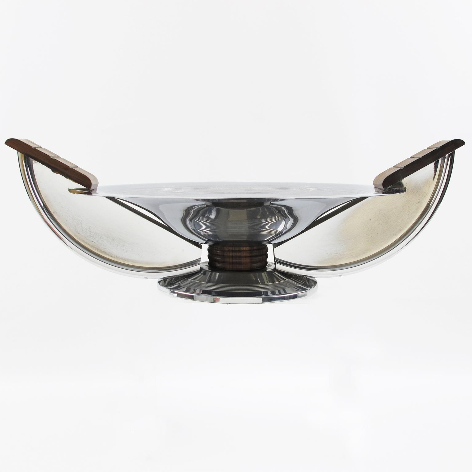 French Art Deco Chrome and Macassar Wood Centerpiece Decorative Bowl, France 1930s