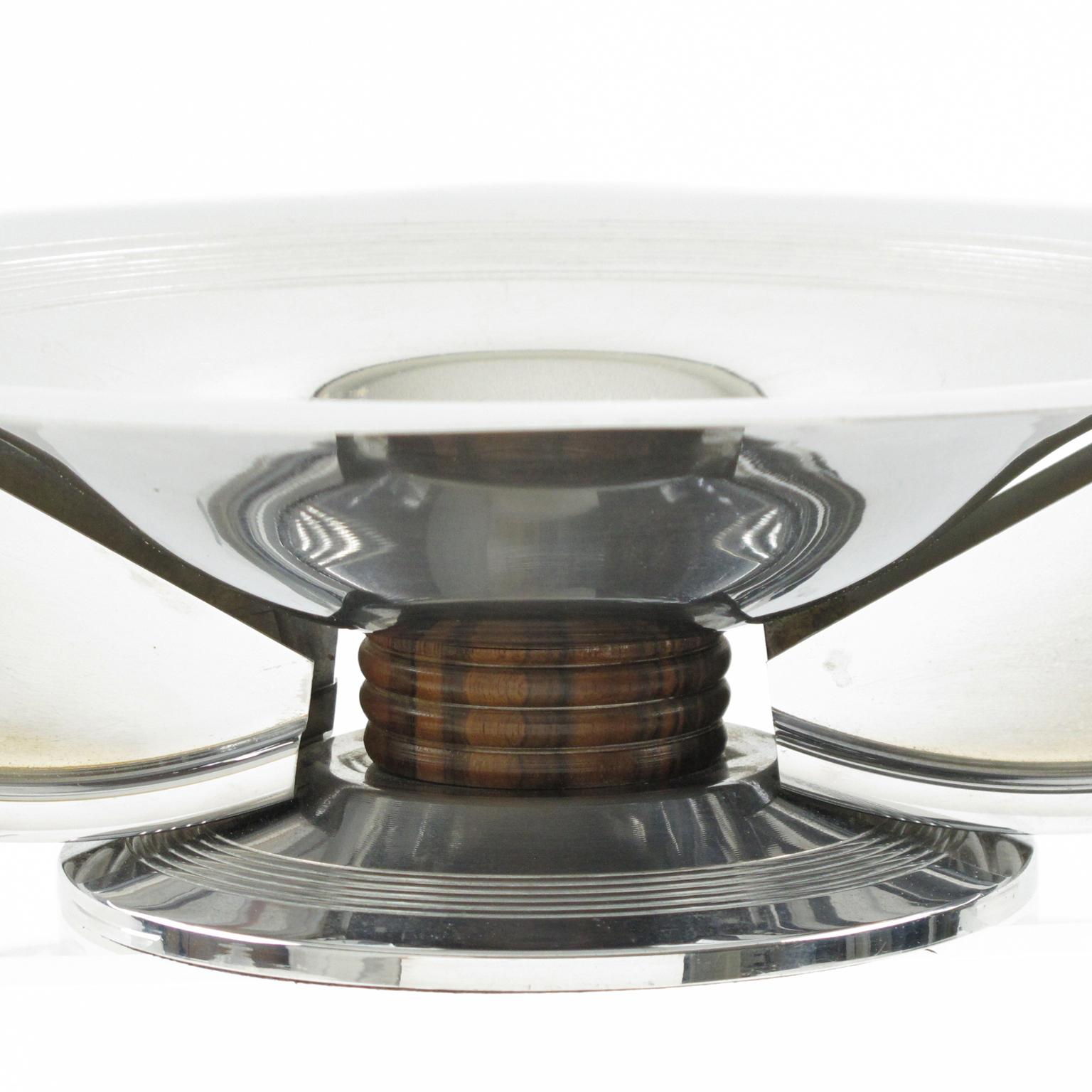 Art Deco Chrome and Macassar Wood Centerpiece Decorative Bowl, France 1930s In Good Condition In Atlanta, GA