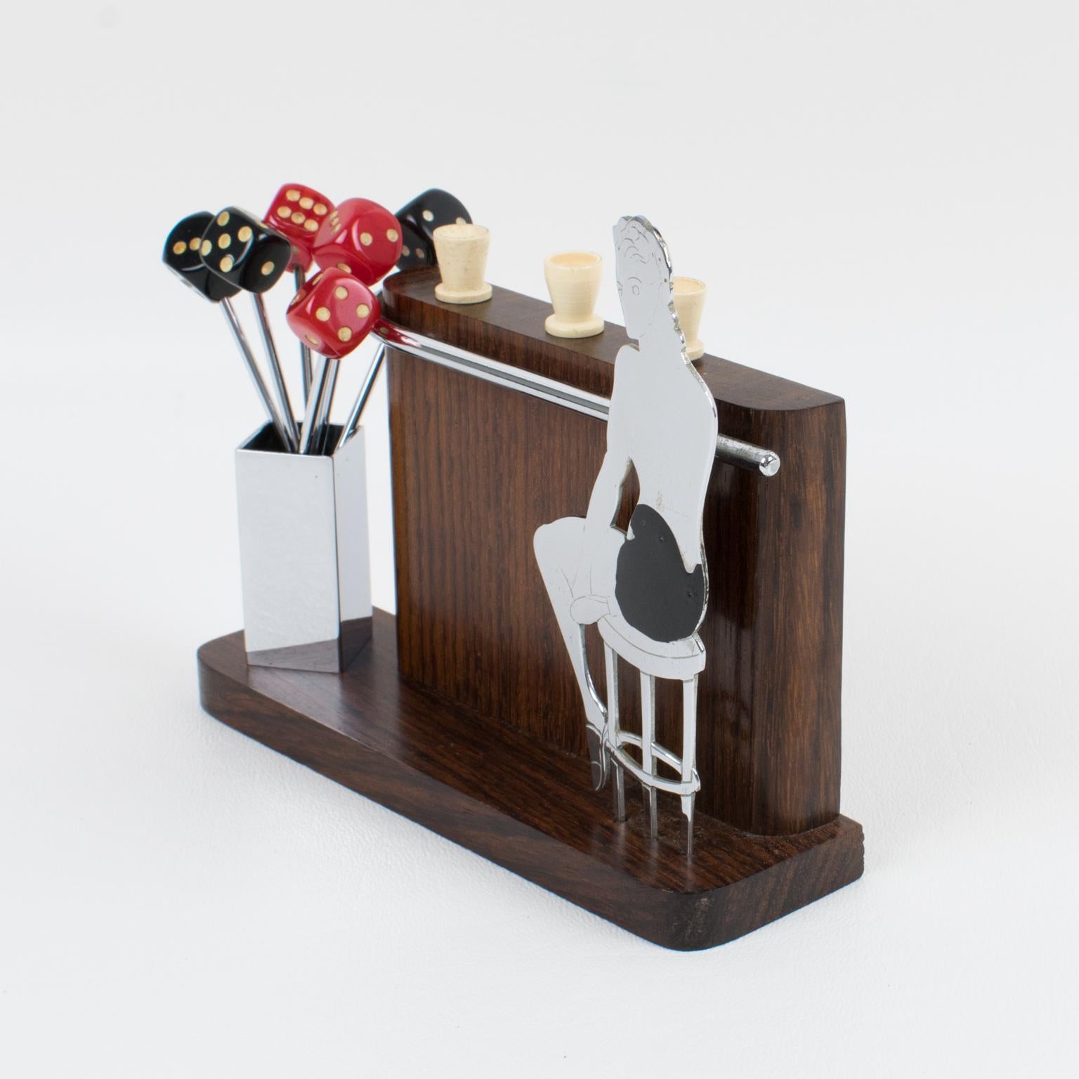 Mid-20th Century French Art Deco Chrome and Macassar Wood Cocktail Picks 