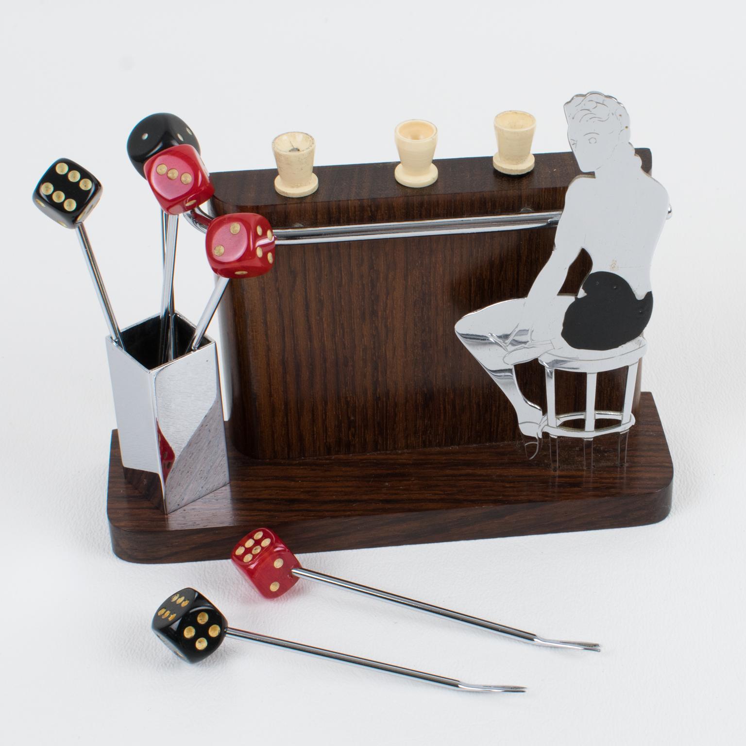 Metal French Art Deco Chrome and Macassar Wood Cocktail Picks 