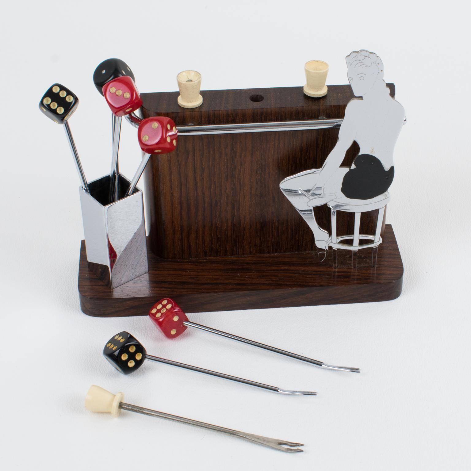 French Art Deco Chrome and Macassar Wood Cocktail Picks 