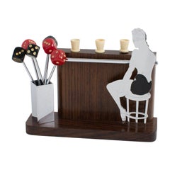 French Art Deco Chrome and Macassar Wood Cocktail Picks "Lady at the Bar"