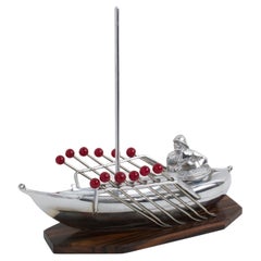 Art Deco Chrome and Macassar Wood Miniature Boat Cocktail Picks, France 1930s