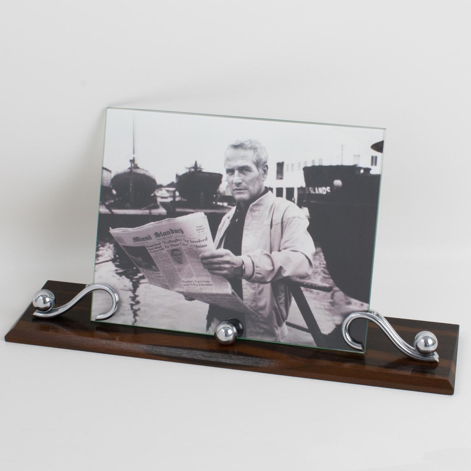 Stunning French Art Deco modernist picture photo frame, featuring thick hand-rubbed Macassar wood plinth compliment with chrome accents. The frame is complete with two glass sheets to enclose the photograph. The photography can be displayed only in