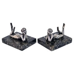 French Art Deco Chrome Bookends Lying Girls in Dreamy Pose on Black Marble Base