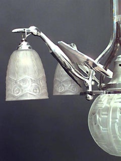 French Art Deco Glass and Chrome Heron Chandelier