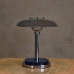 French Art Deco Chrome + Cobalt Glass Table Lamp, 1950s