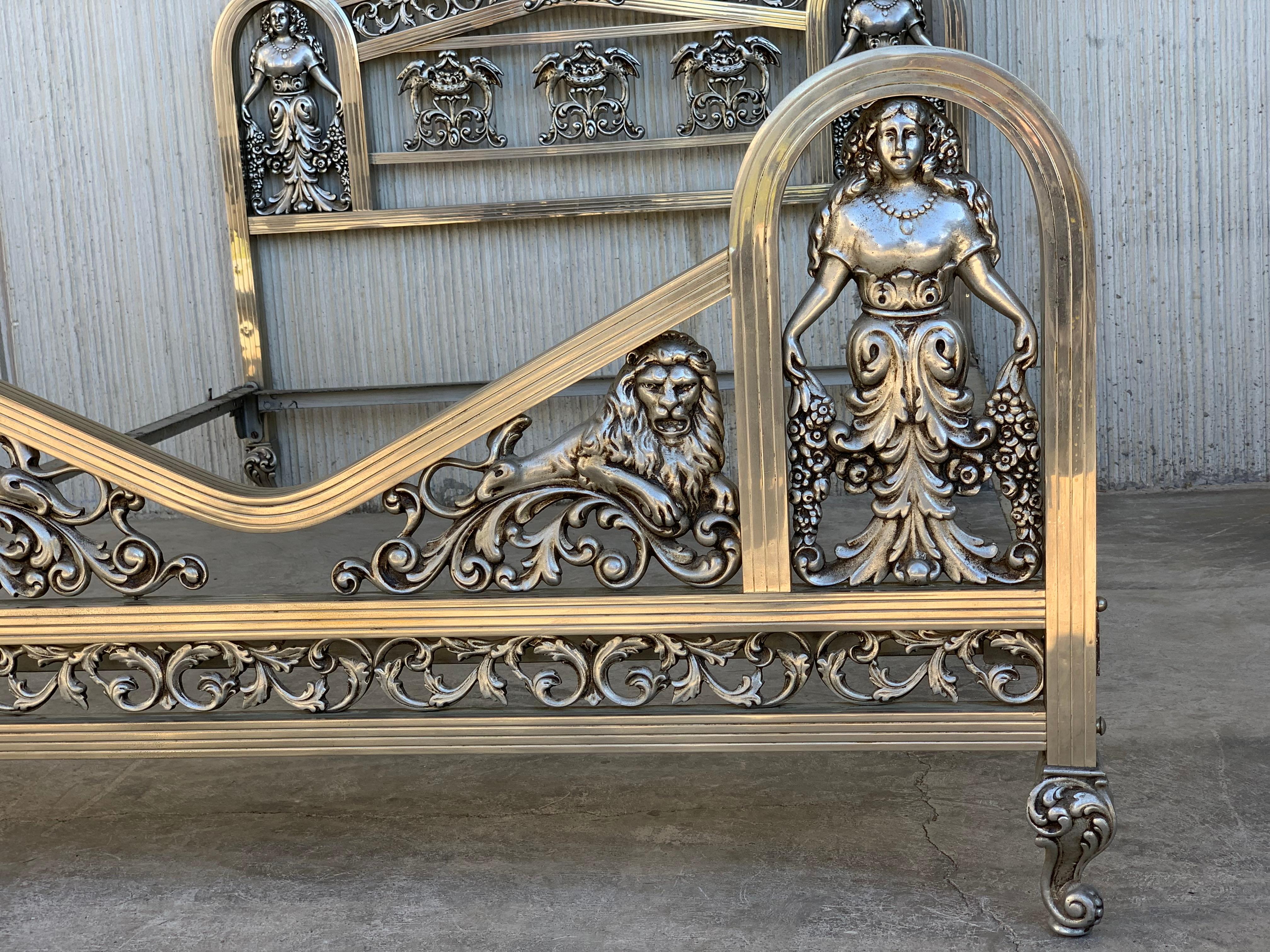 Metal French Art Deco Chrome Full Bed with Reliefs