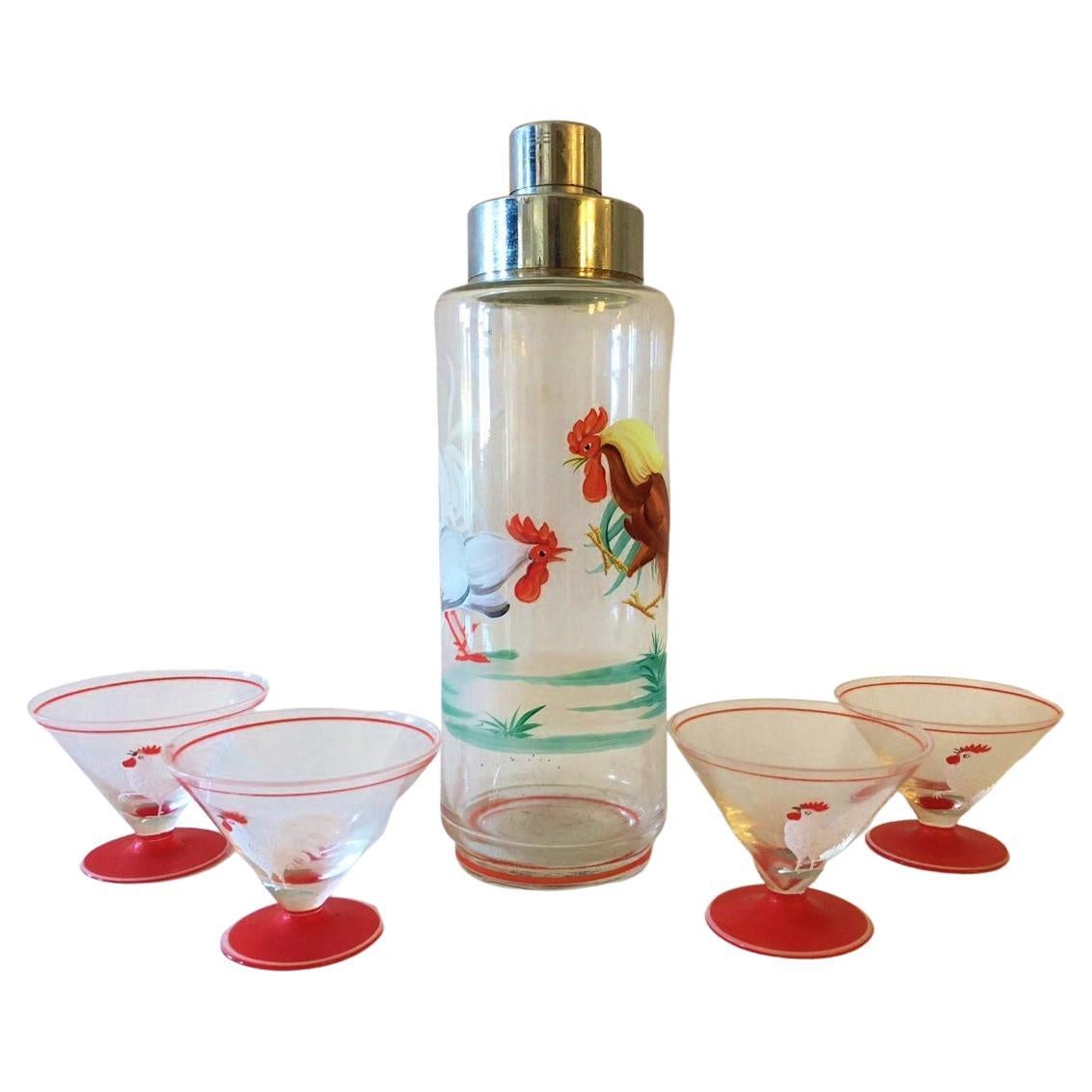 French Art Deco Chrome & Hand Enameled Glass 5-Piece Cockfighting Cocktail Set For Sale