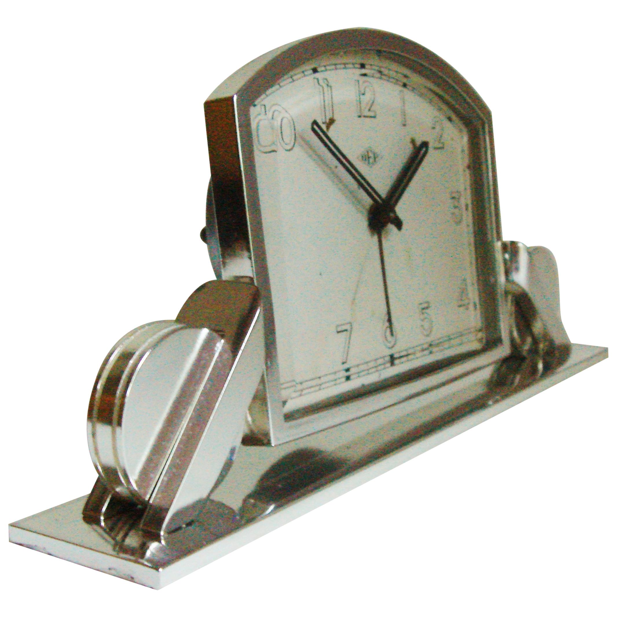 French Art Deco Chrome Mechanical Alarm Clock with Geometric Base by Dep For Sale