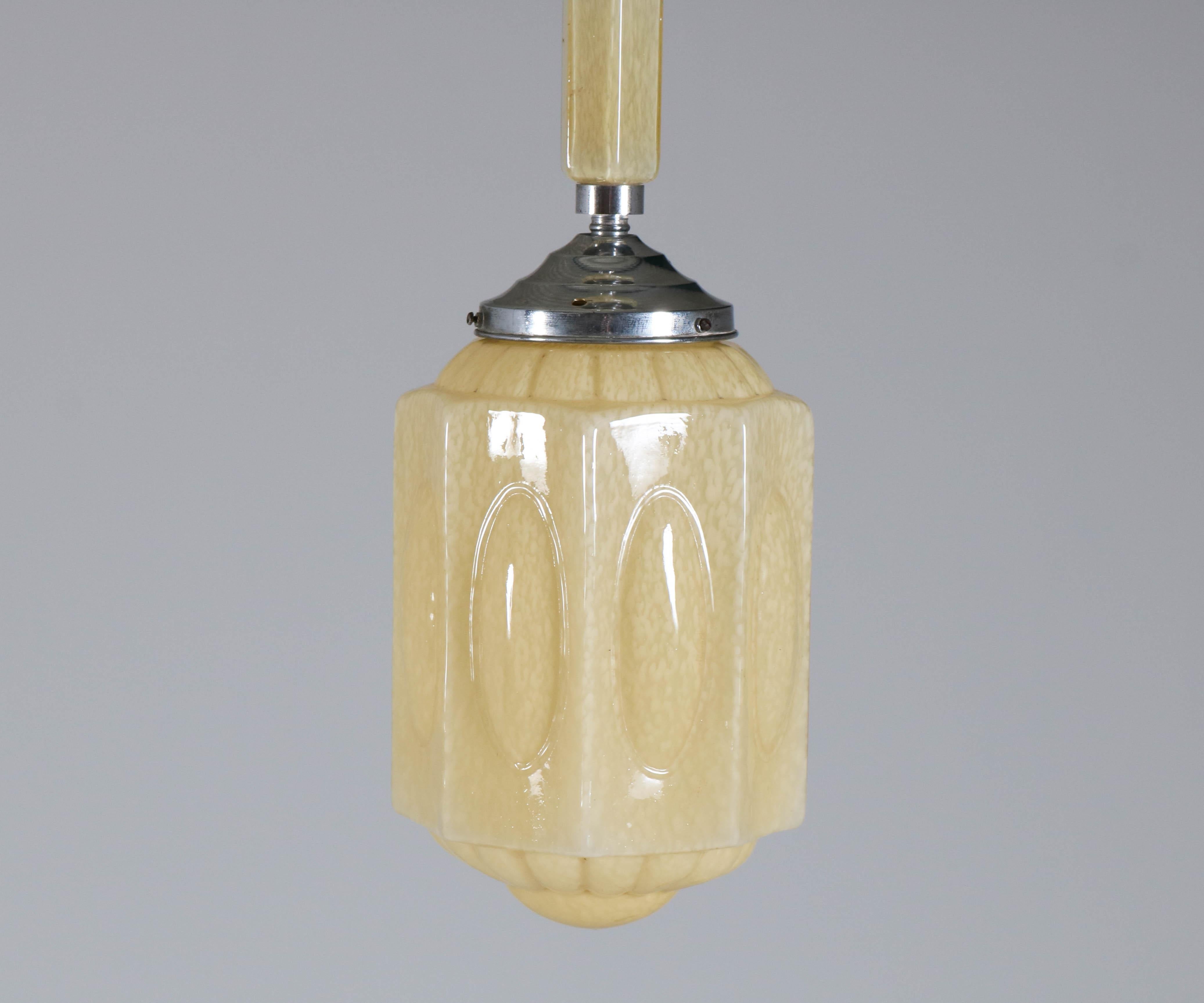Mid-20th Century French Art Deco Chrome Pendant Lamp with Glass Shade, 1930s
