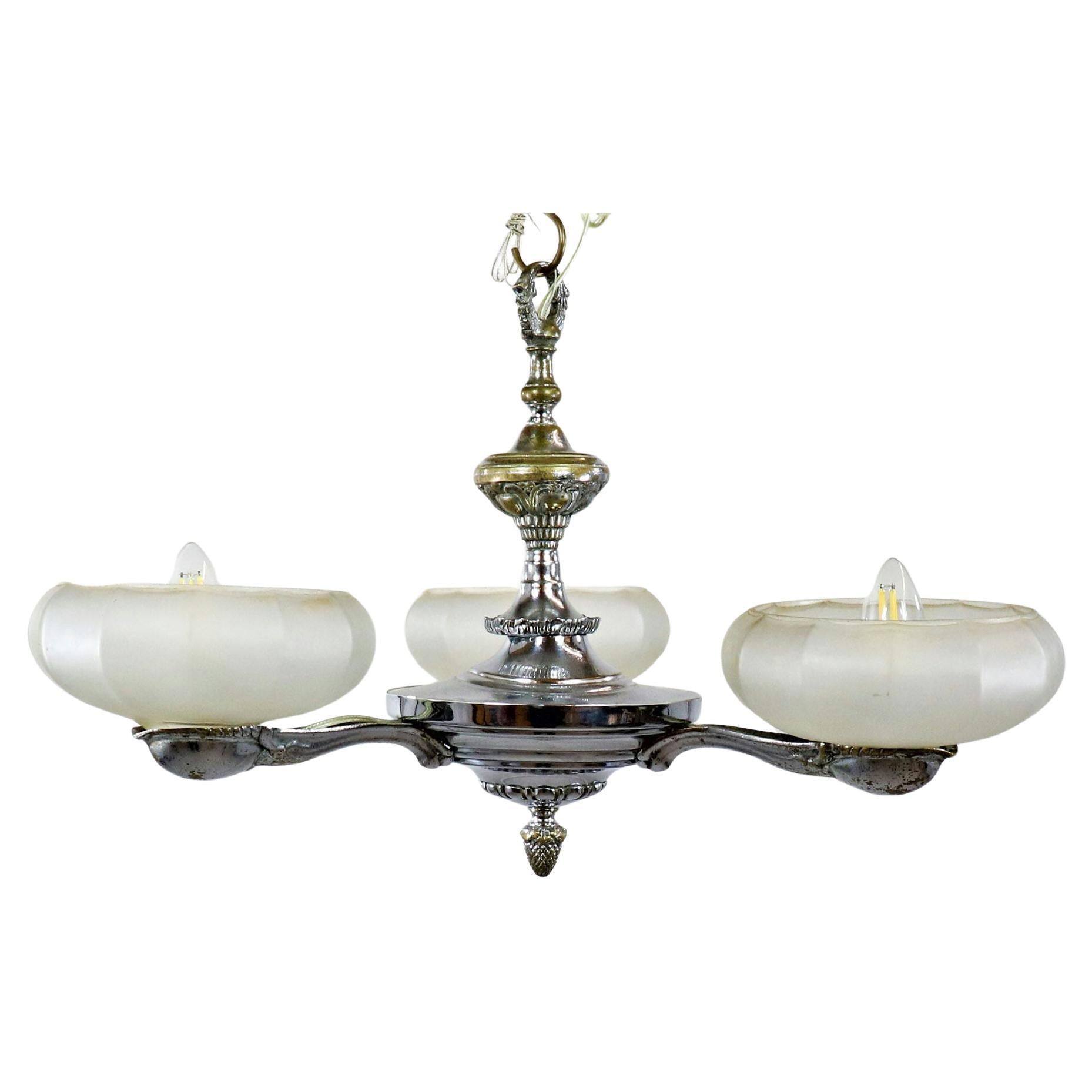 French Art Deco Chrome Plated Brass Chandelier with Frosted Ecru Glass Shades
