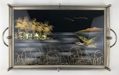 French Art Deco Chrome Serving Tray with Mother of Pearl Inlayed Details Signed