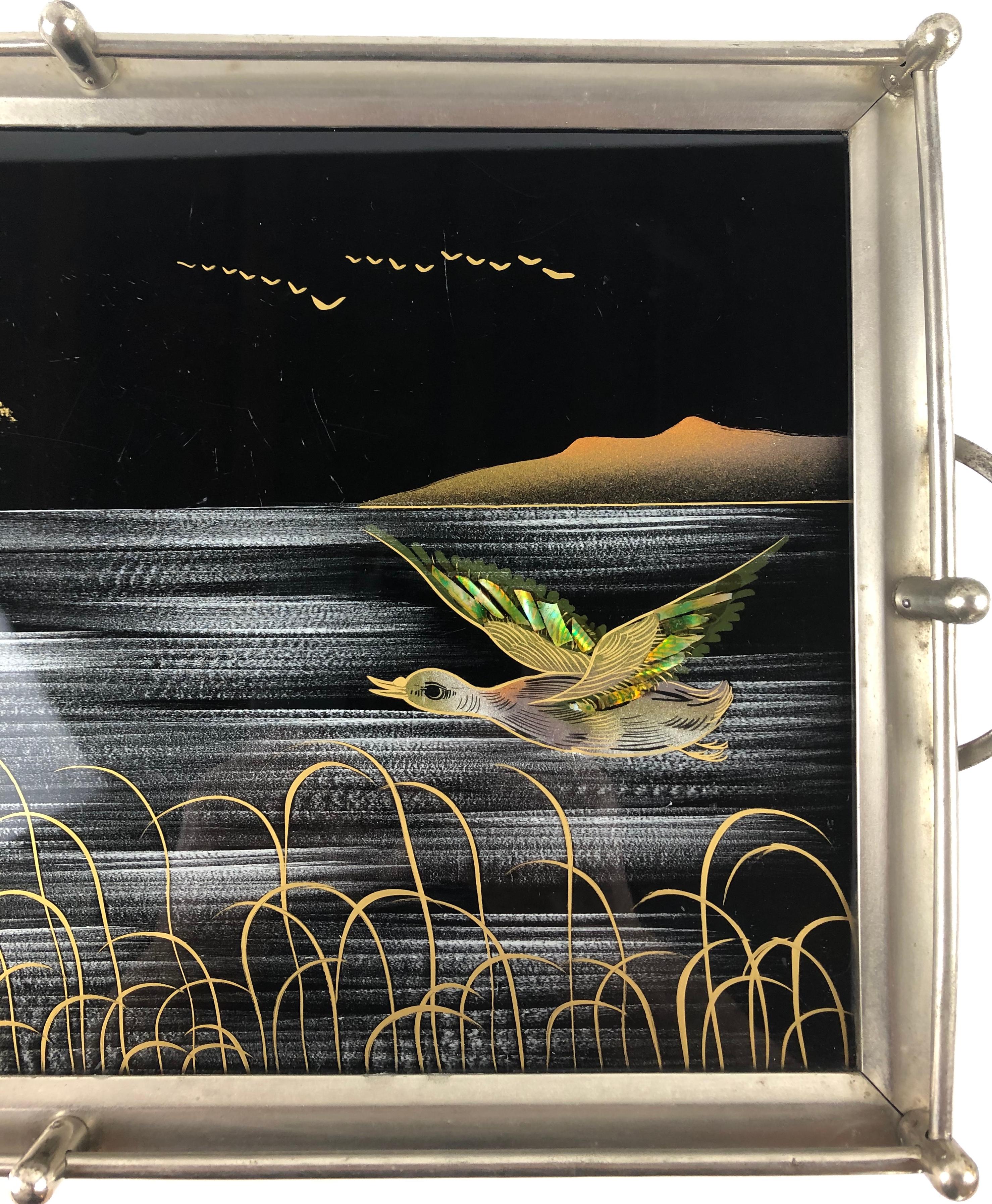 French Art Deco Chrome Serving Tray with Mother of Pearl Inlayed Details Signed In Good Condition In Miami, FL