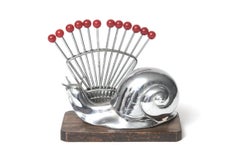 French Art Deco Chrome Snail Cocktail Pick Horderves Set with Bakelite Forks