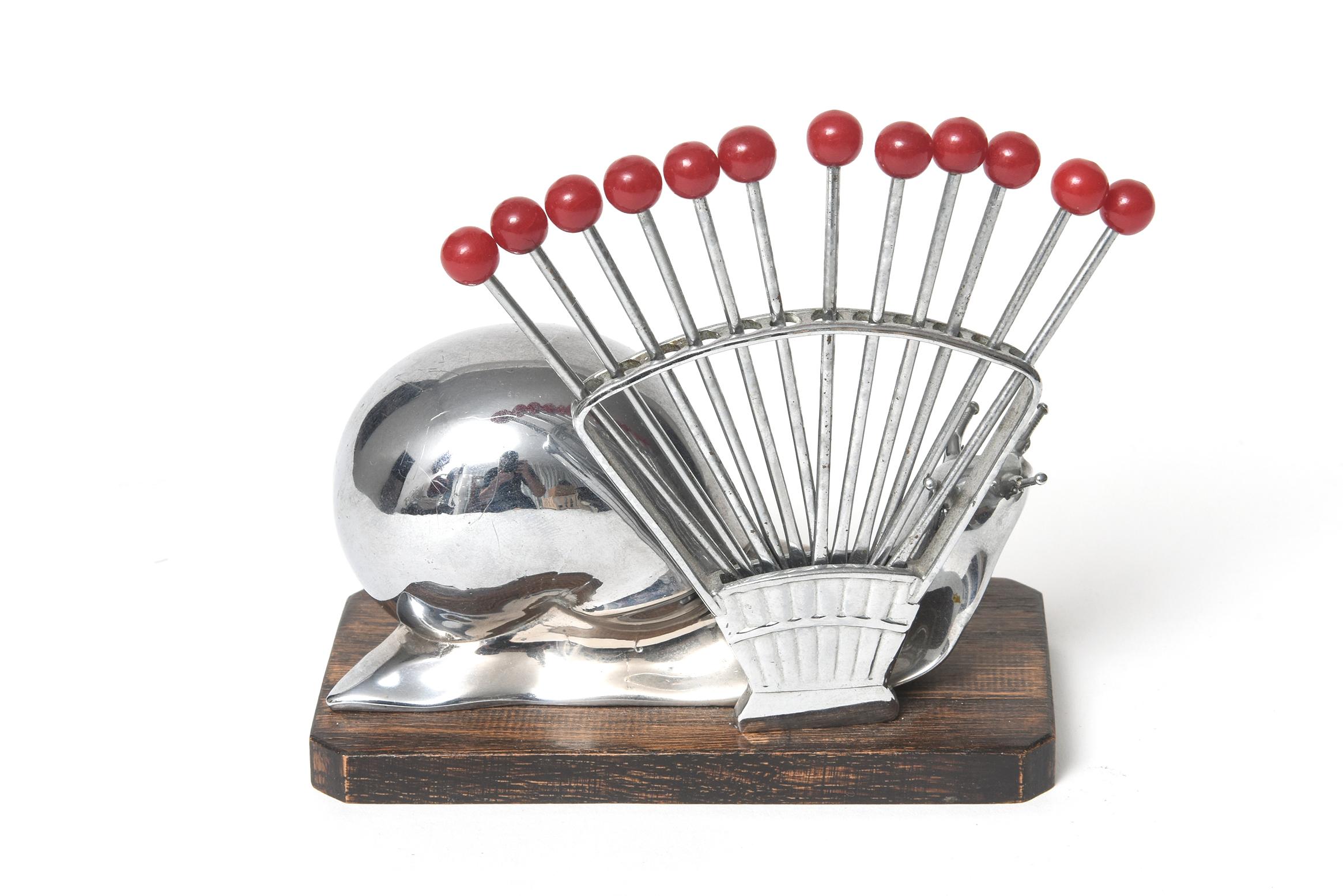 Mid-20th Century French Art Deco Chrome Snail Cocktail Pick Horderves Set with Bakelite Forks
