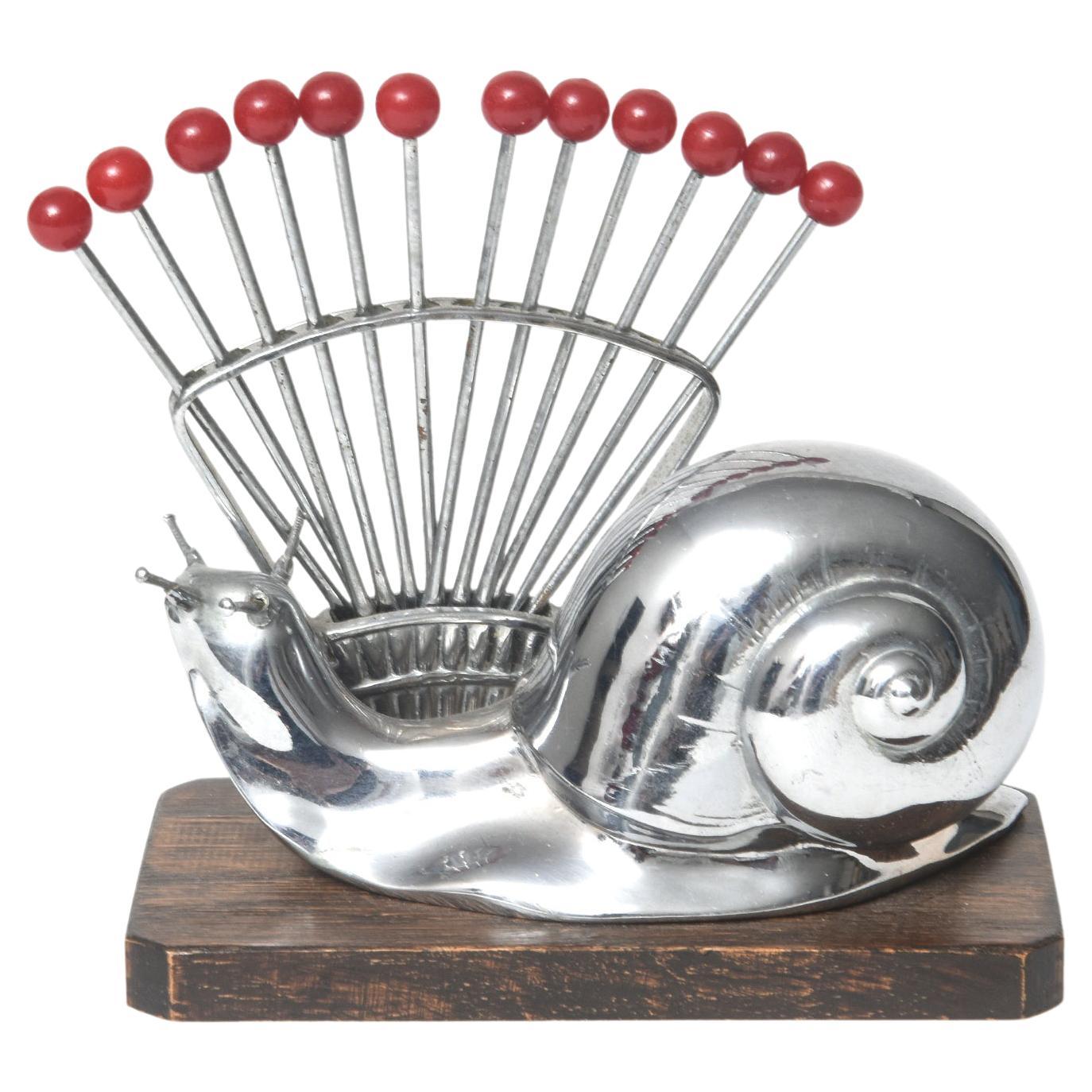 French Art Deco Chrome Snail Cocktail Pick Horderves Set with Bakelite Forks