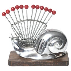 French Art Deco Chrome Snail Cocktail Pick Horderves Set with Bakelite Forks