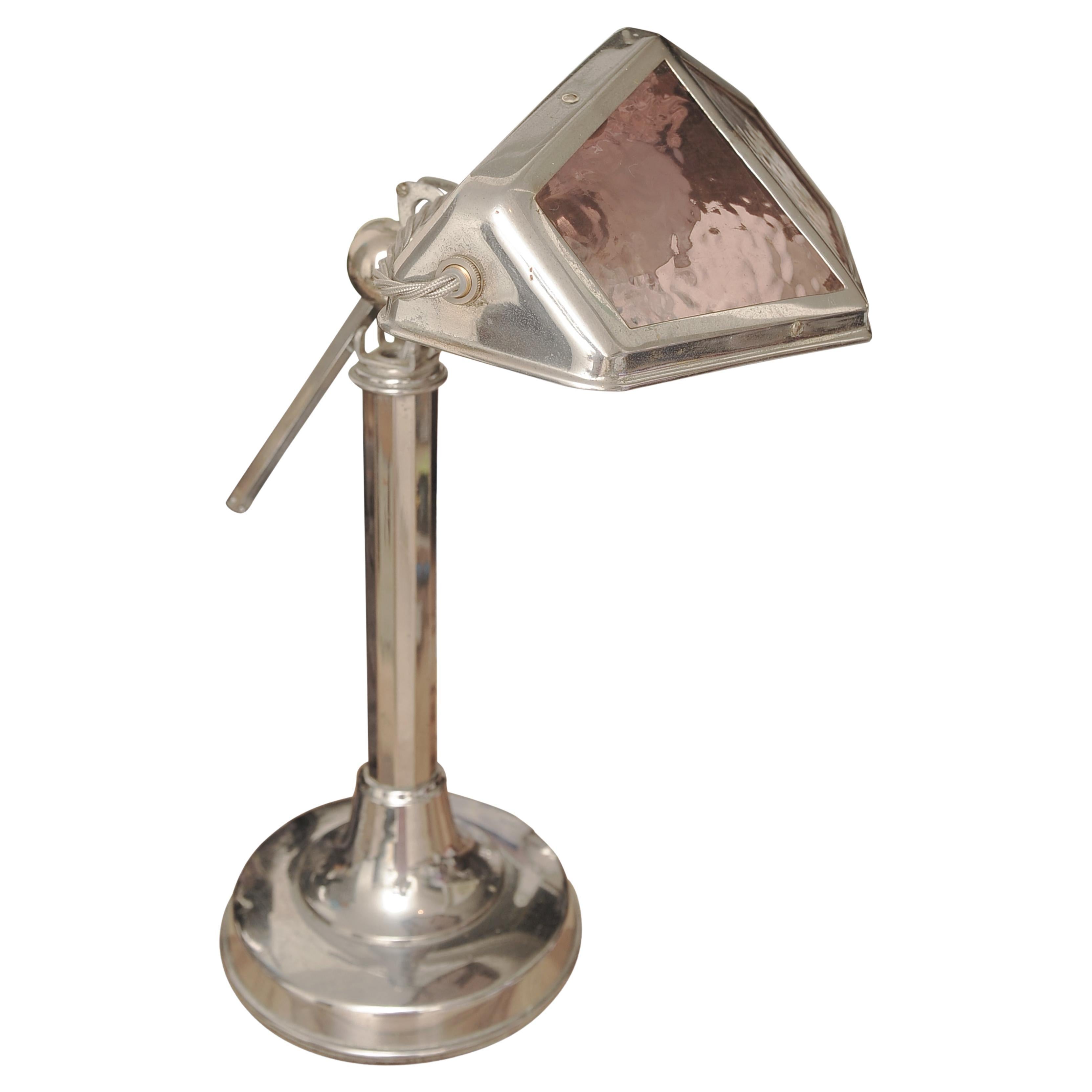 Hand-Crafted French Art Deco Chrome Table Lamp Inset with Purple Stained Glass Panels, 1930s For Sale