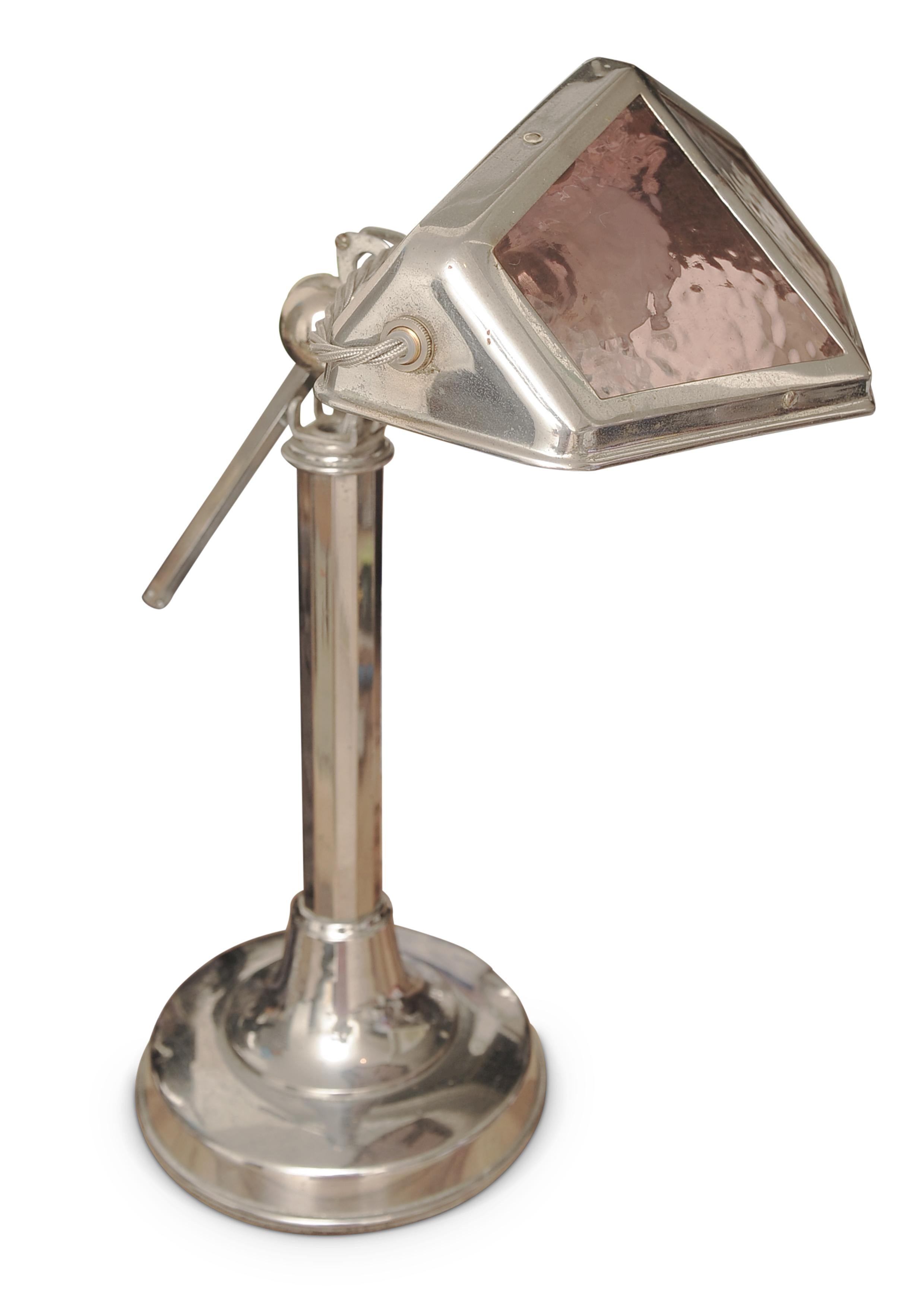 Mid-20th Century French Art Deco Chrome Table Lamp Inset with Purple Stained Glass Panels, 1930s For Sale