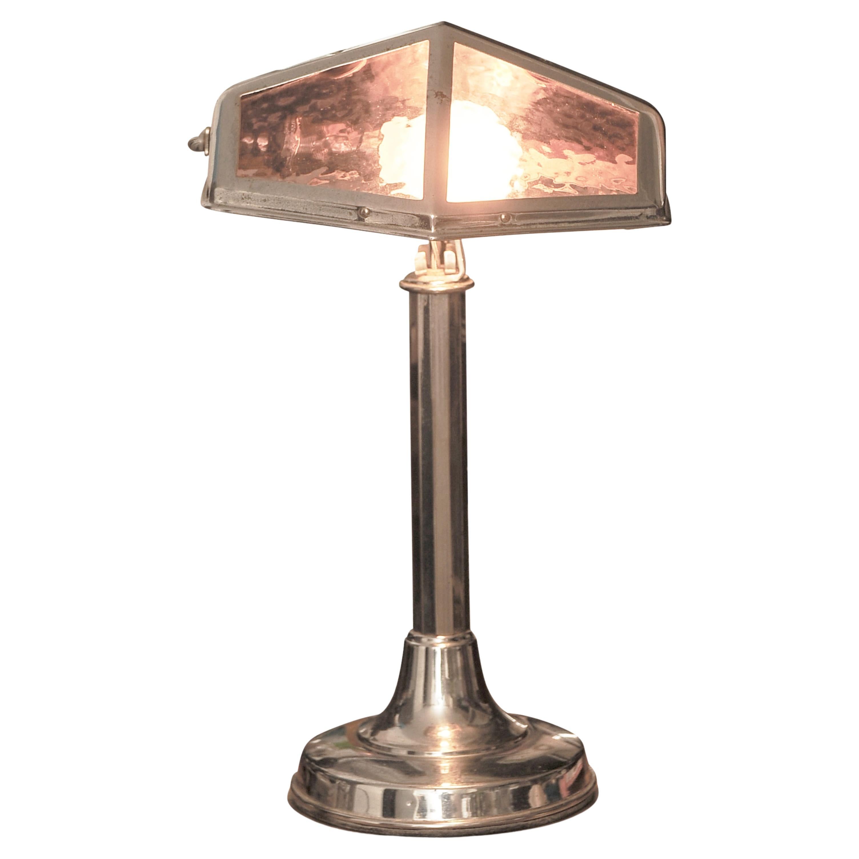 French Art Deco Chrome Table Lamp Inset with Purple Stained Glass Panels, 1930s For Sale