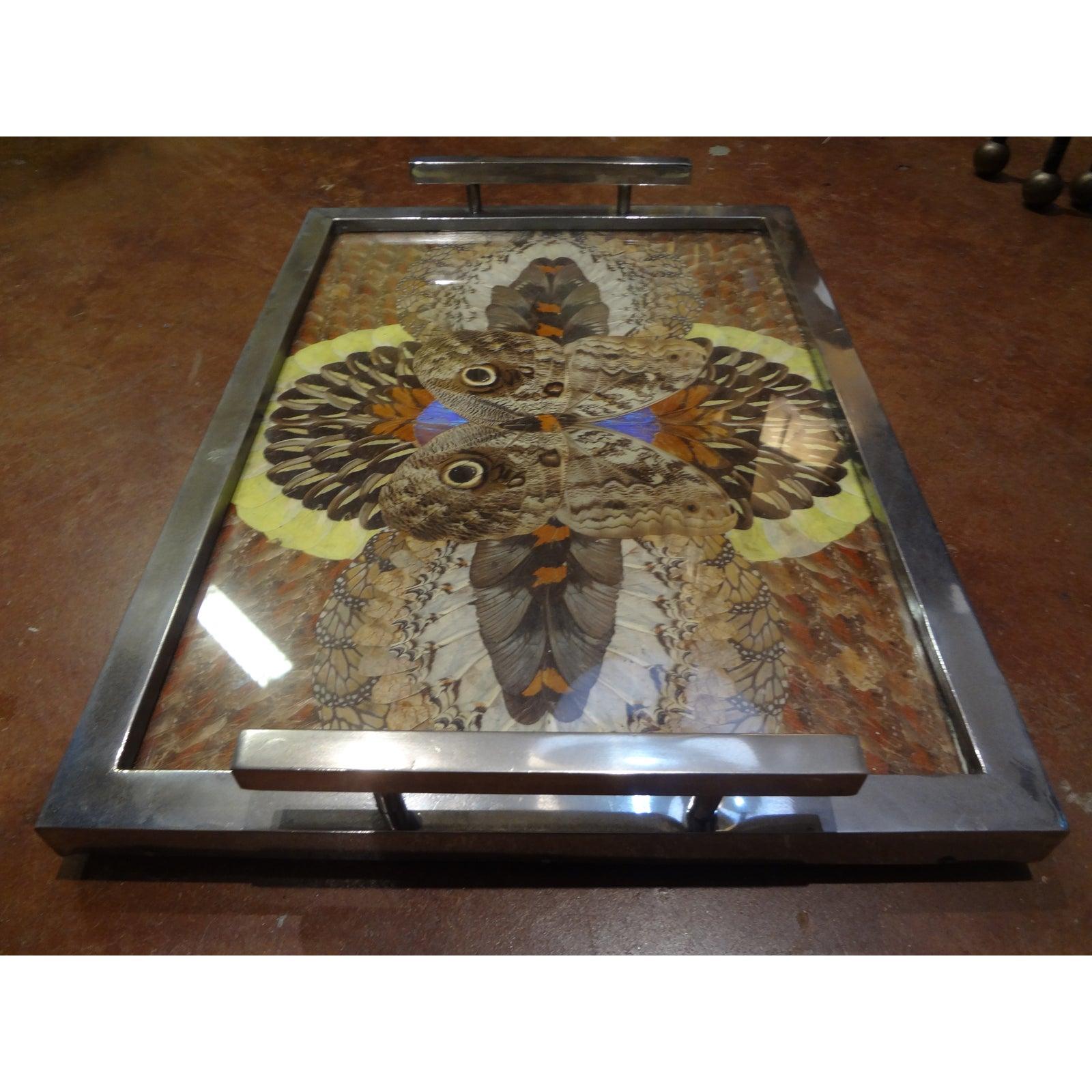 European French Art Deco Chrome Tray with Butterfly Wings