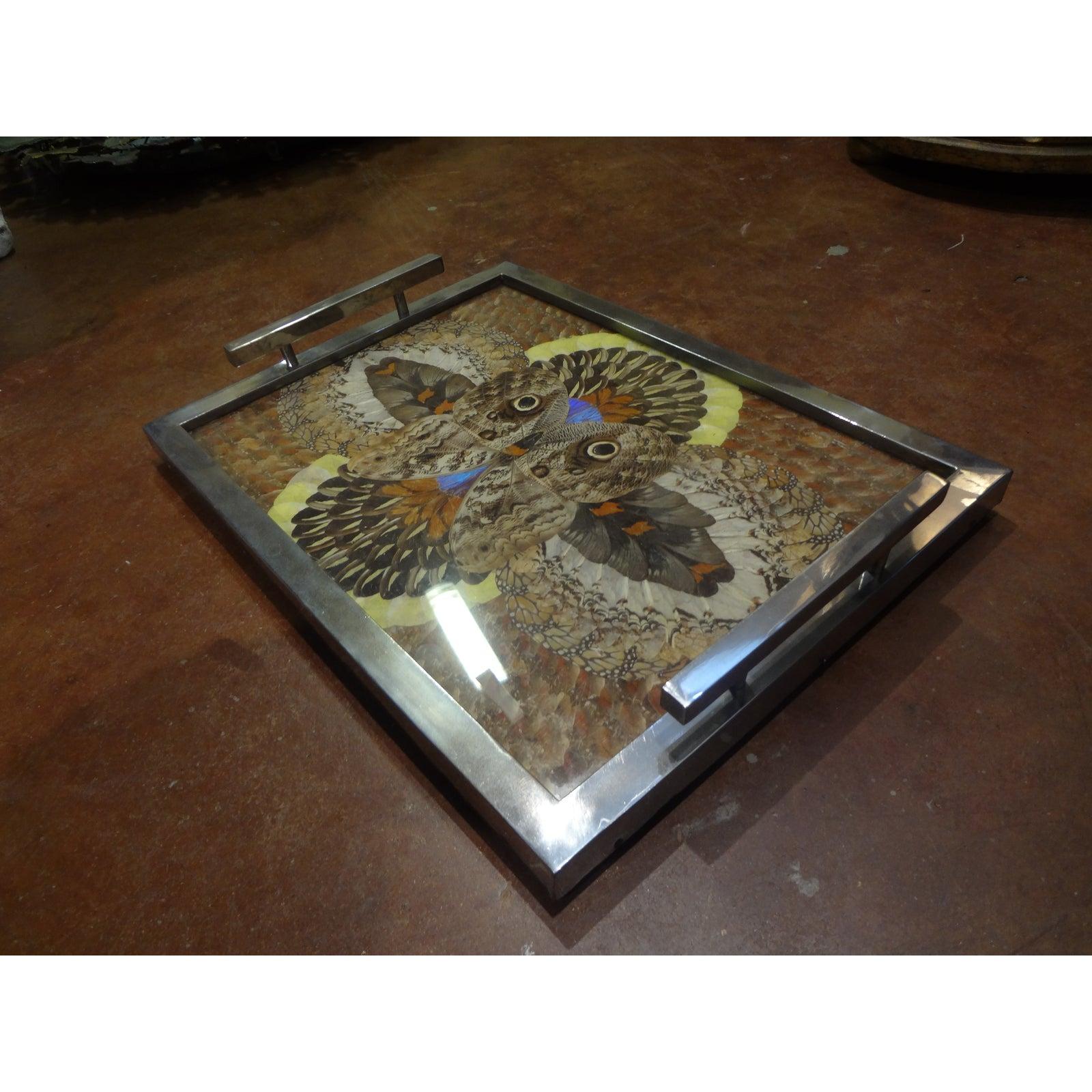 French Art Deco Chrome Tray with Butterfly Wings 1