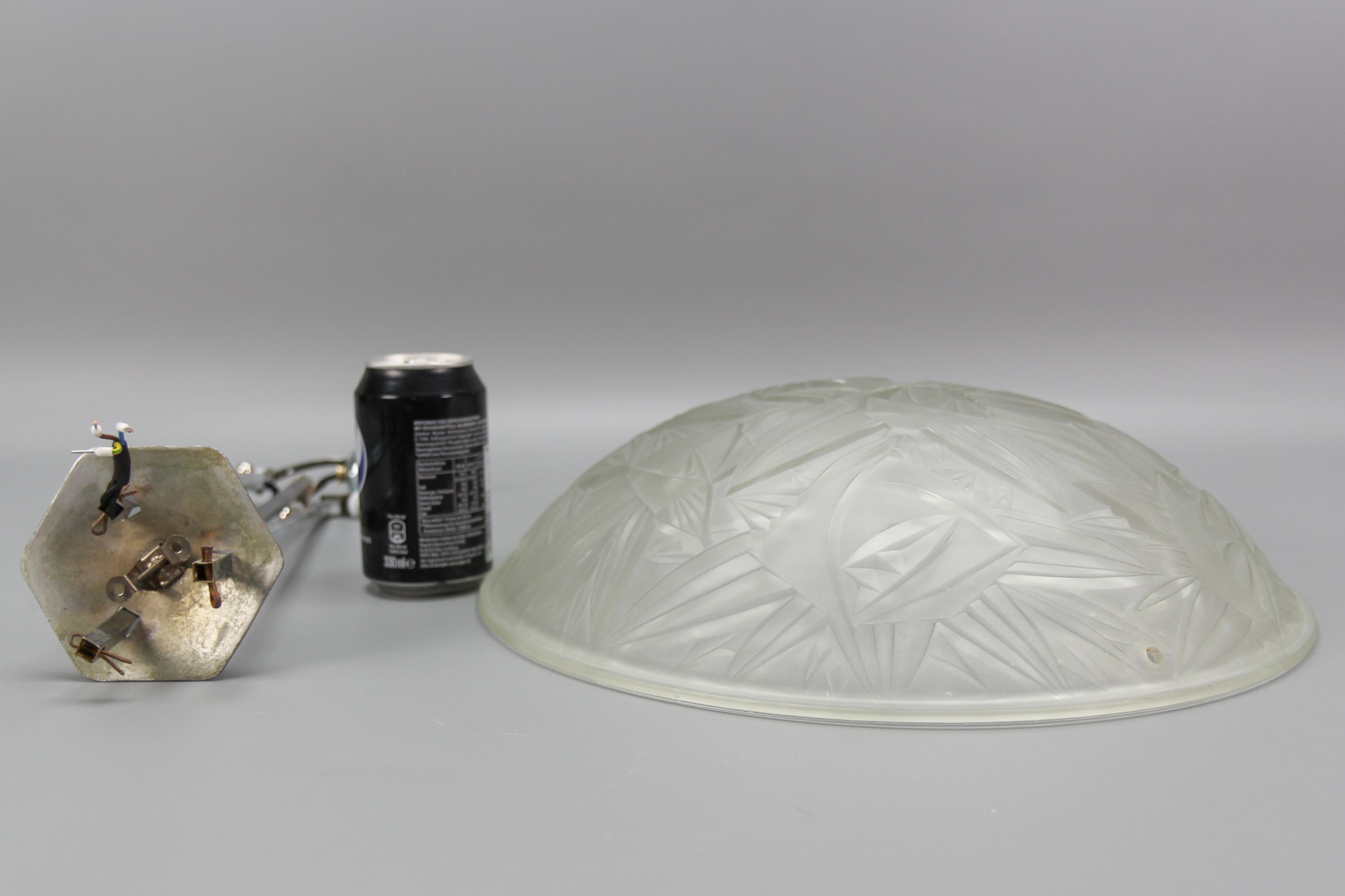 French Art Deco Chromed Brass and Frosted Glass Pendant Light by Noverdy, 1930s For Sale 14
