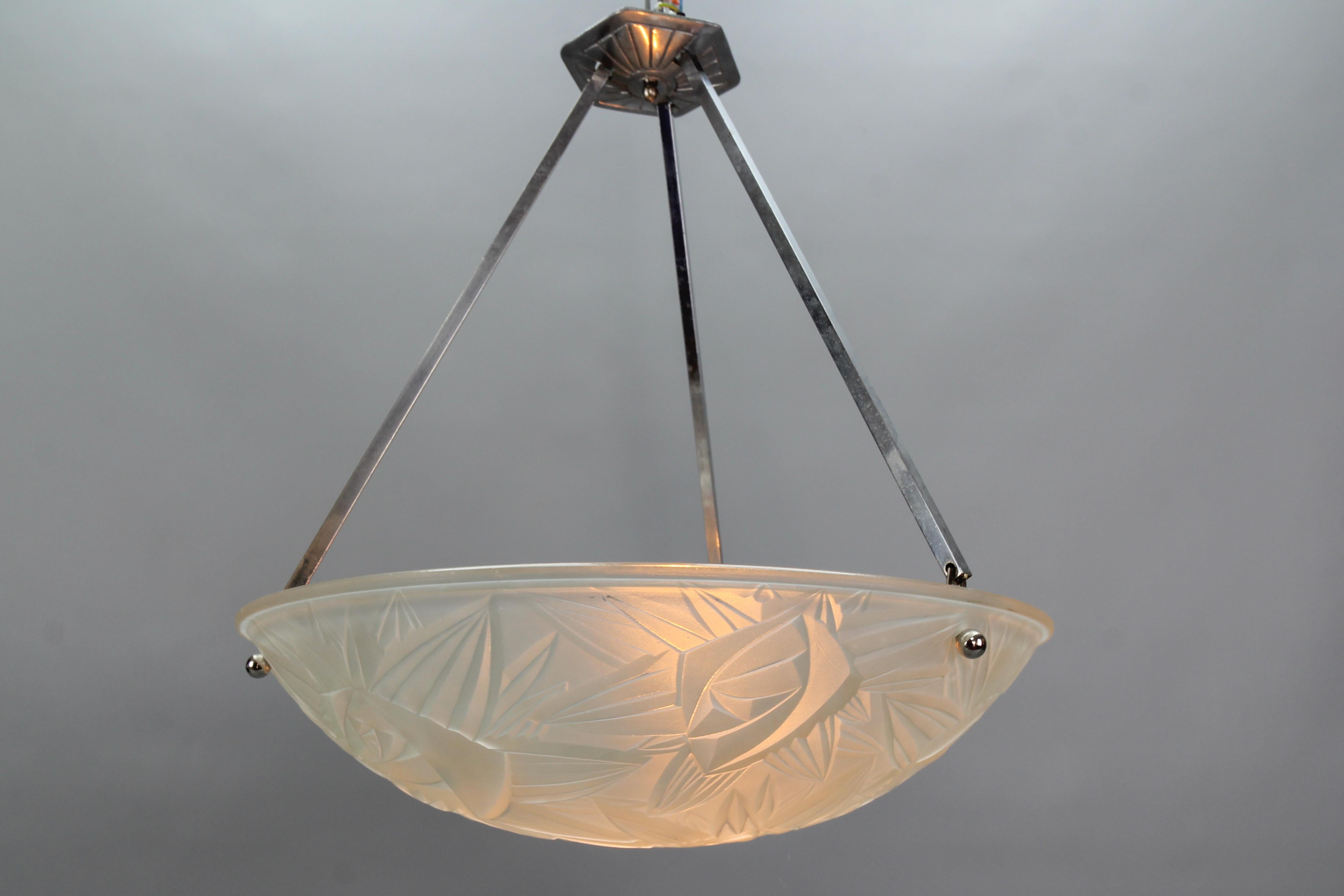 Metal French Art Deco Chromed Brass and Frosted Glass Pendant Light by Noverdy, 1930s For Sale