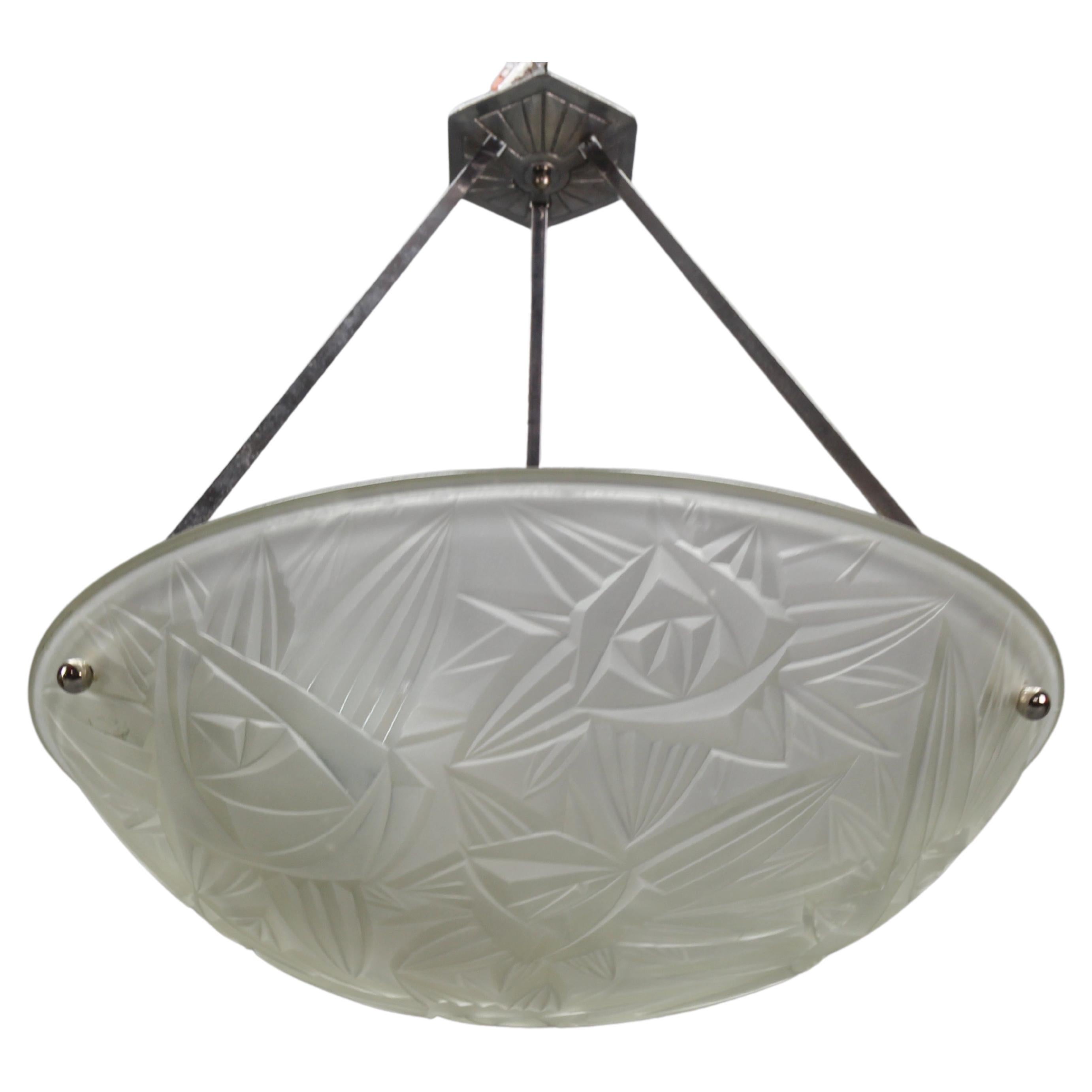 French Art Deco Chromed Brass and Frosted Glass Pendant Light by Noverdy, 1930s For Sale