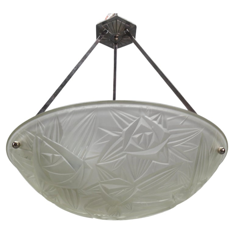 French Art Deco Chromed Brass and Frosted Glass Pendant Light by Noverdy,  1930s For Sale at 1stDibs