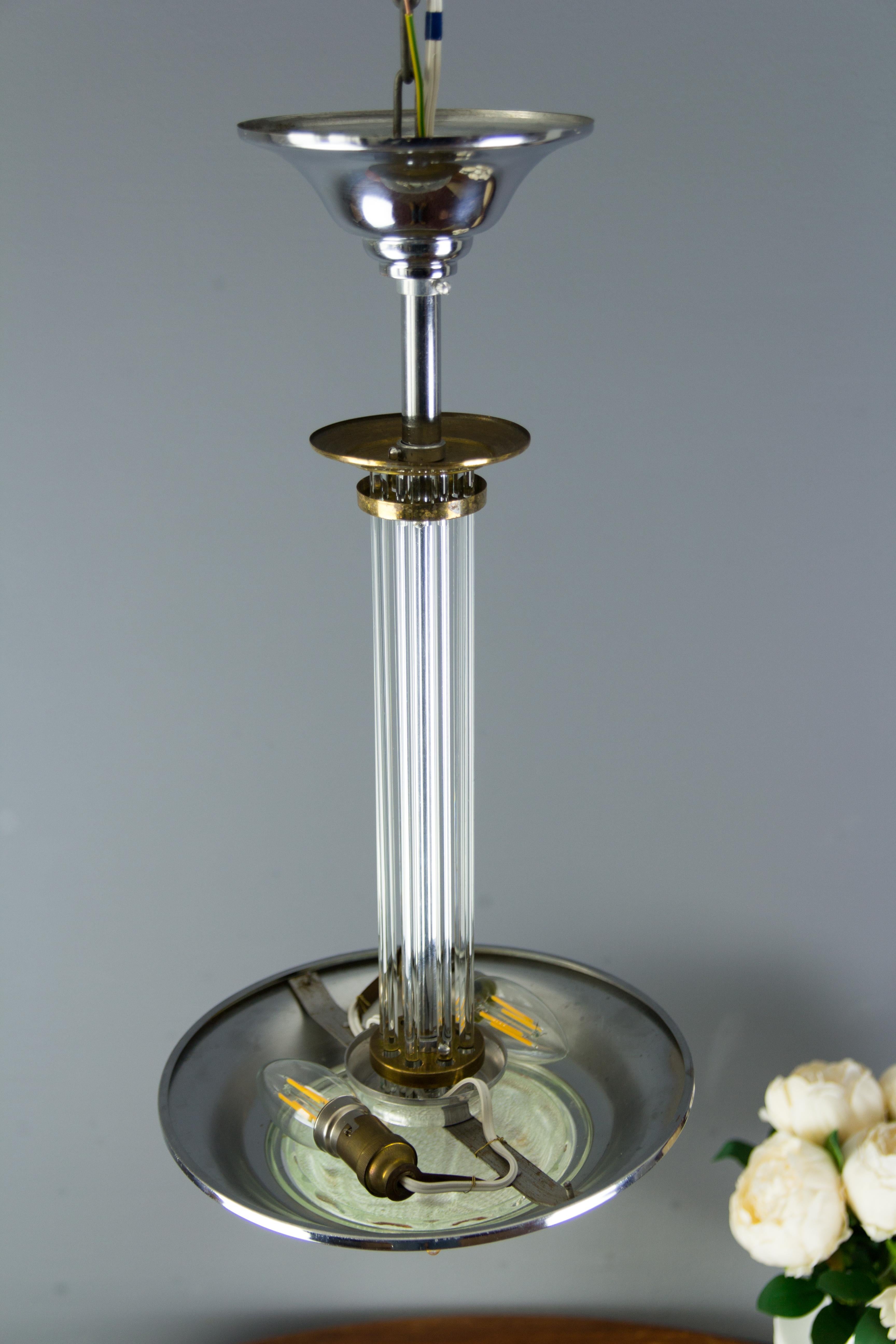 Metal French Art Deco Chromed Brass Chandelier with Glass Rods, 1930s For Sale