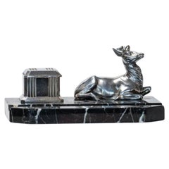 Vintage French Art Deco Chromed Inkwell, Deer Motif on Marble Base