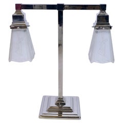 French Art Deco Chromed Table Lamp with Table Lamp Glasses by Hettier & Vincent