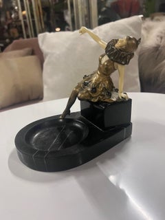 French Art Deco Chryselephantine Bronze Harlequin Marble Pedestal Ashtray