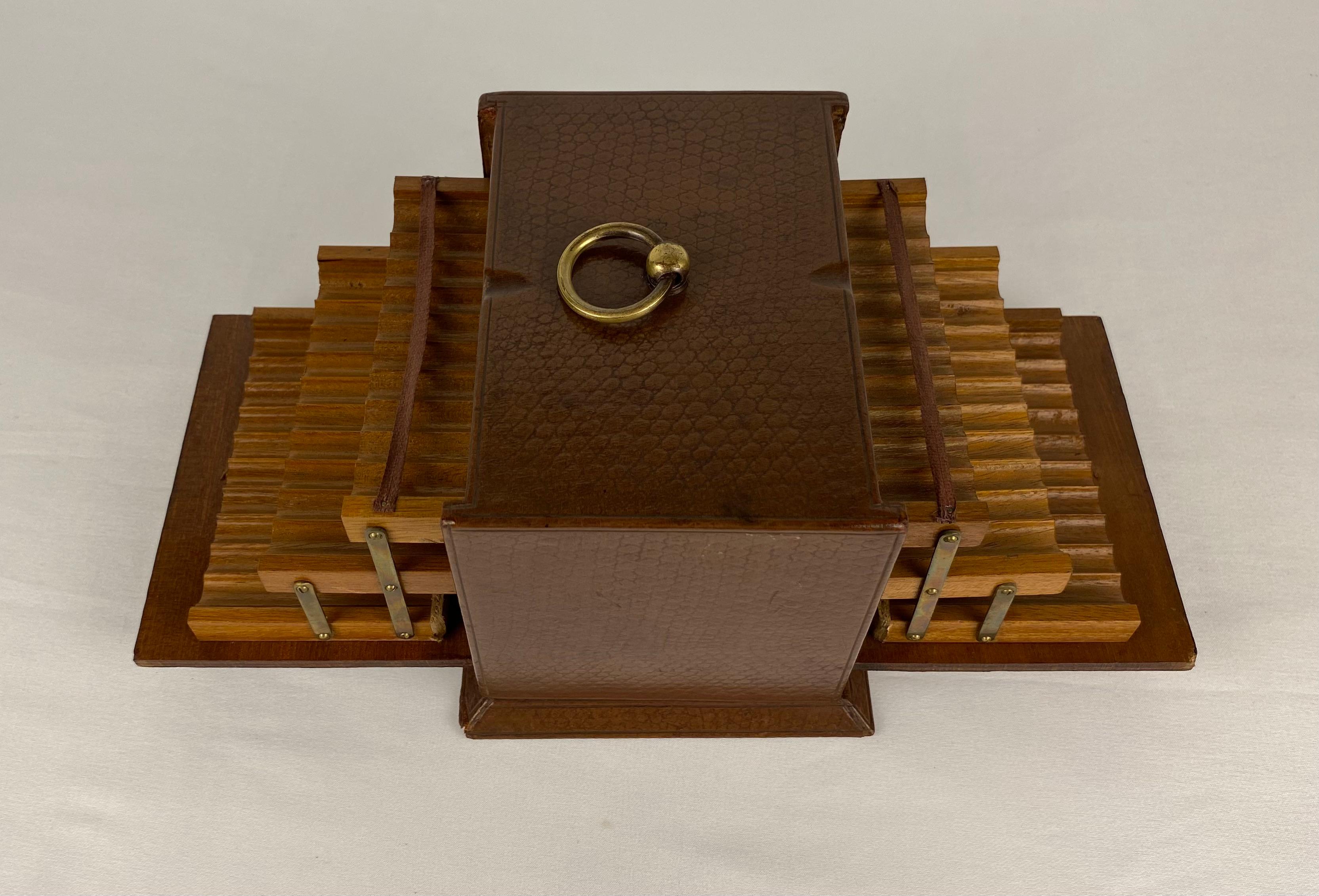 Varnished French Art Deco Cigarette Box, Walnut Wood and Leather