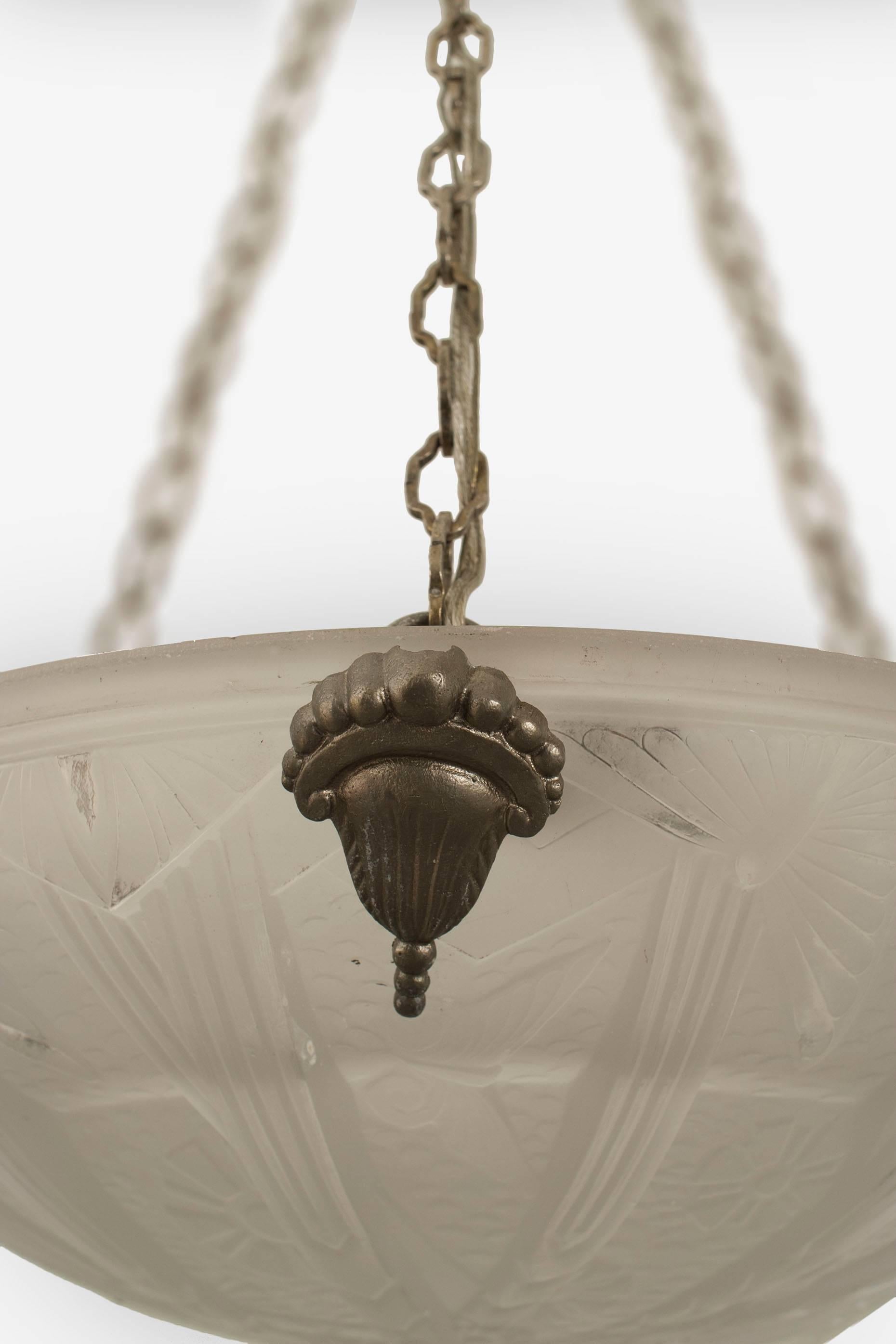 20th Century Muller French Art Deco Muller Frosted Glass Pendant Chandelier