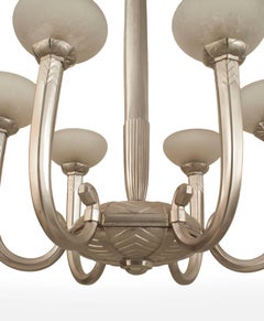 French Art Deco Bronze and Etched Glass Chandelier