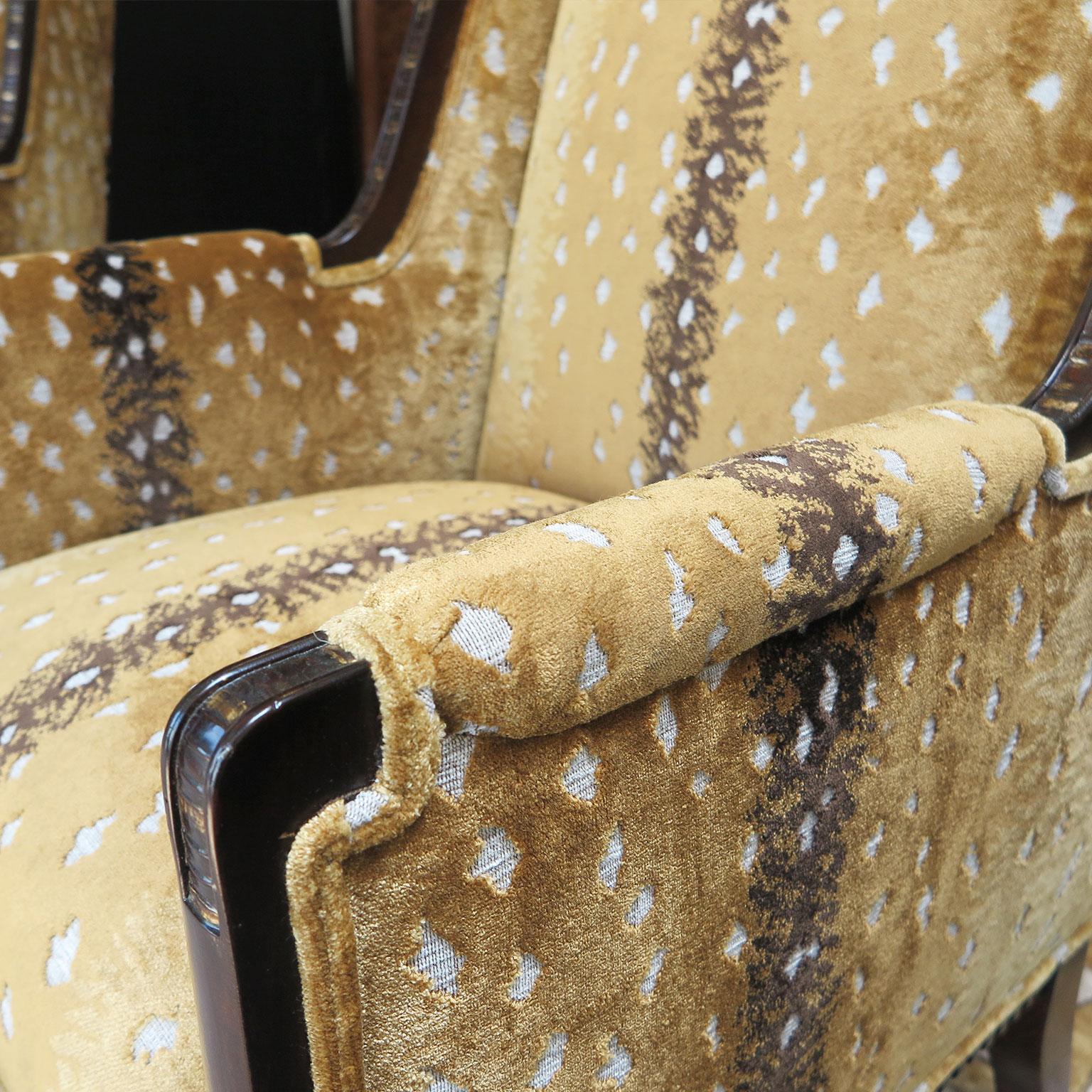 French Art Deco Classic Wingback Style Chairs in Antelope Fabric In Good Condition In Los Angeles, CA