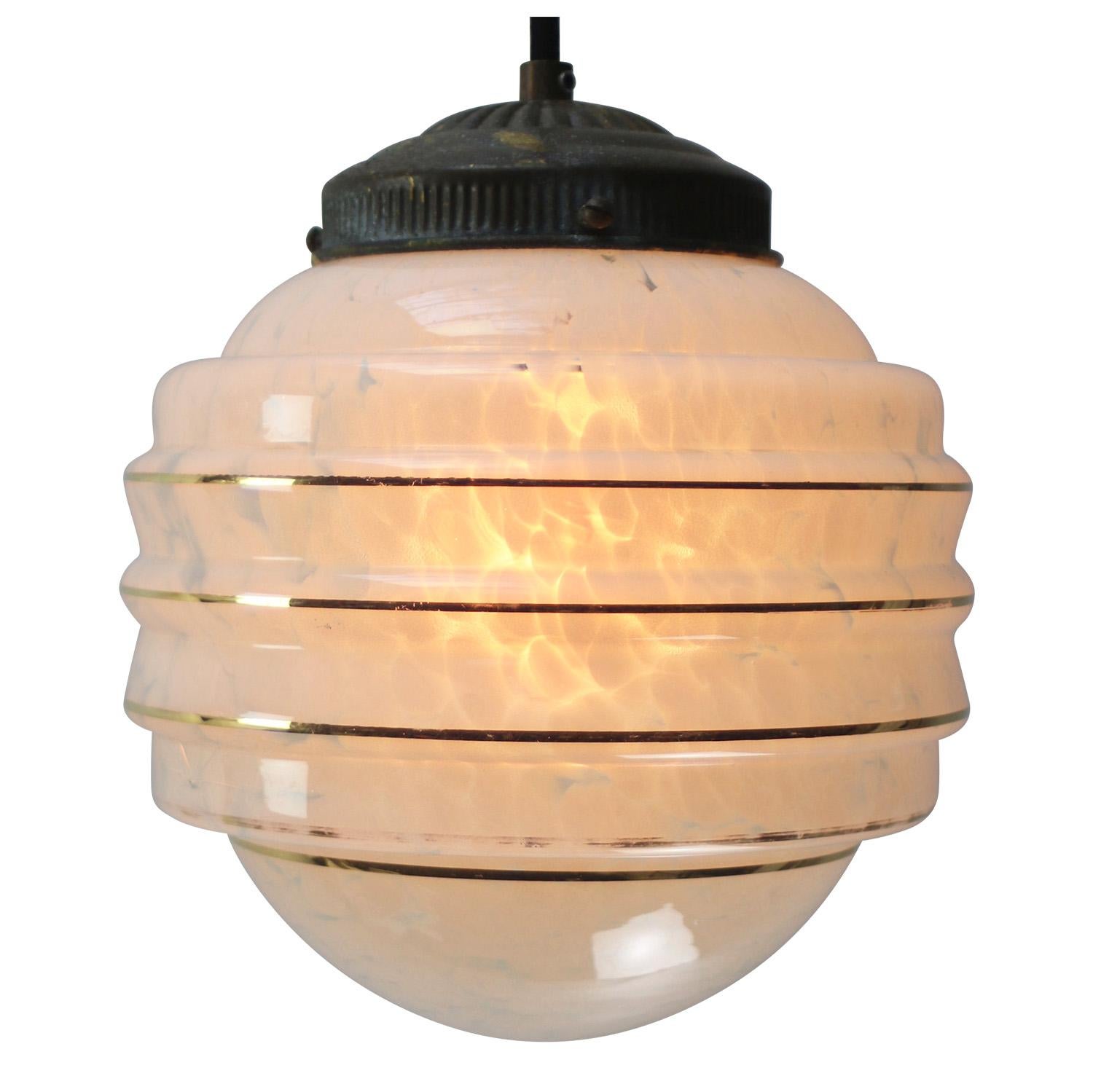 French Art Deco “Clichy” blue coloured, gold striped, glass pendant lamp 1920s
Brass glass holder

Weight : 0.90 kg / 2 lb

Priced per individual item. All lamps have been made suitable by international standards for incandescent light bulbs,