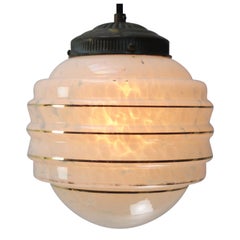 Französische Art Deco "Clichy" Blau-Gold gestreiftes Schilfglas Pendelleuchte