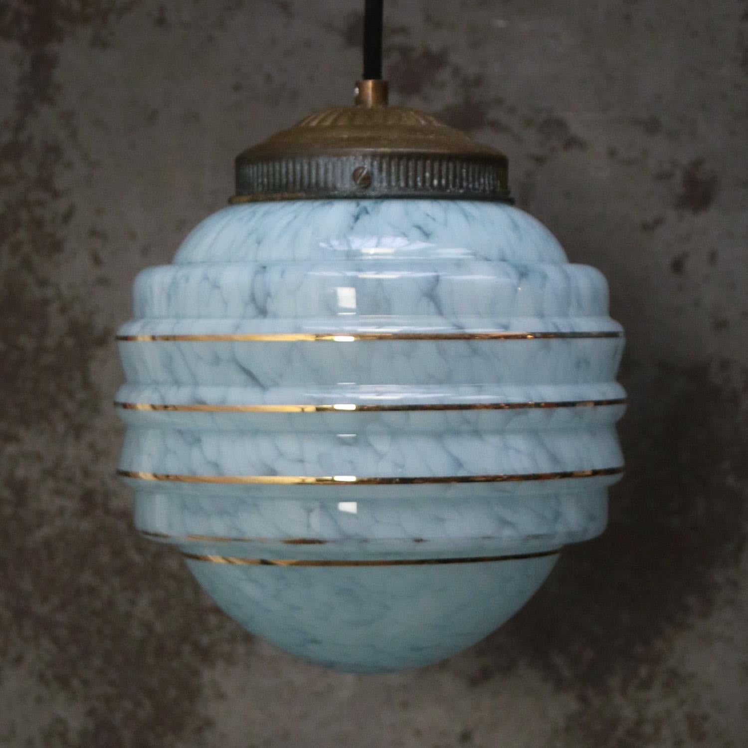 Art Déco French Art Deco “Clichy” Blue Gold Striped Reeded Glass Pendant Light in vendita